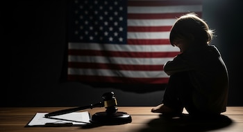 Silueta de un niño pequeño sentado de espaldas. Un mazo de juez y documentos legales sobre una mesa de madera. Bandera de Estados Unidos desenfocada al fondo.