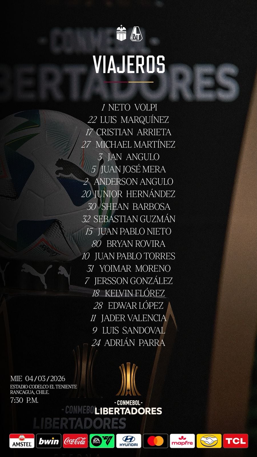 Este es el grupo de jugadores que viajaron a Rancagua para el duelo copero-crédito Jefatura de Prensa del Deportes Tolima