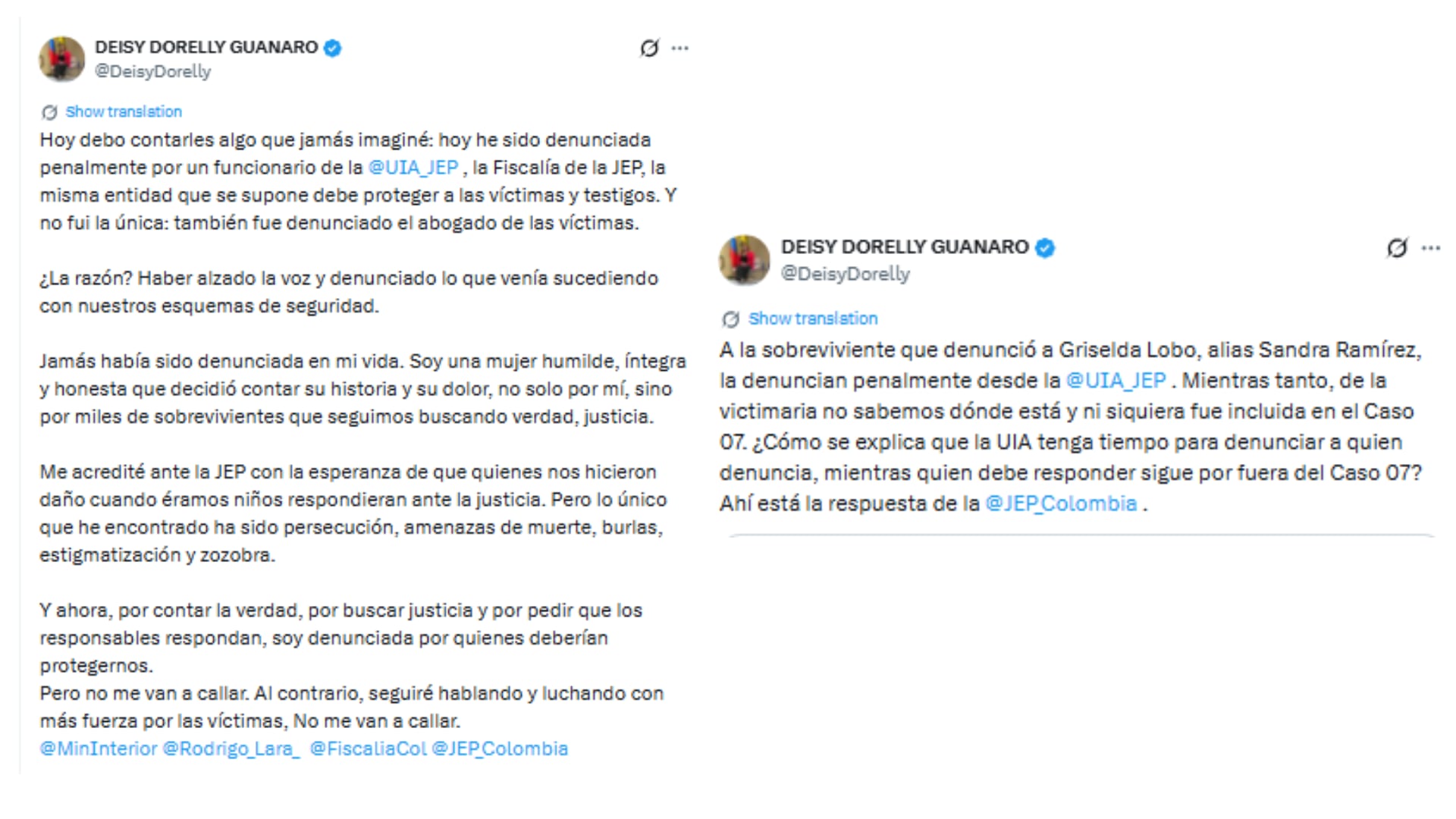 La mujer solicitó pronunciamientos del Ministerio del Interior, la Fiscalía General de la Nación y la Jurisdicción Especial para la Paz - crédito @DeisyDorelly/X