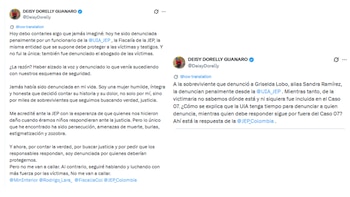 La mujer solicitó pronunciamientos del Ministerio del Interior, la Fiscalía General de la Nación y la Jurisdicción Especial para la Paz - crédito @DeisyDorelly/X