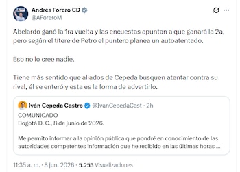 El congresista sostuvo que habría más intención de un atentado contra Cepeda por parte de miembros afines a su campaña - crédito @AForeroM/X