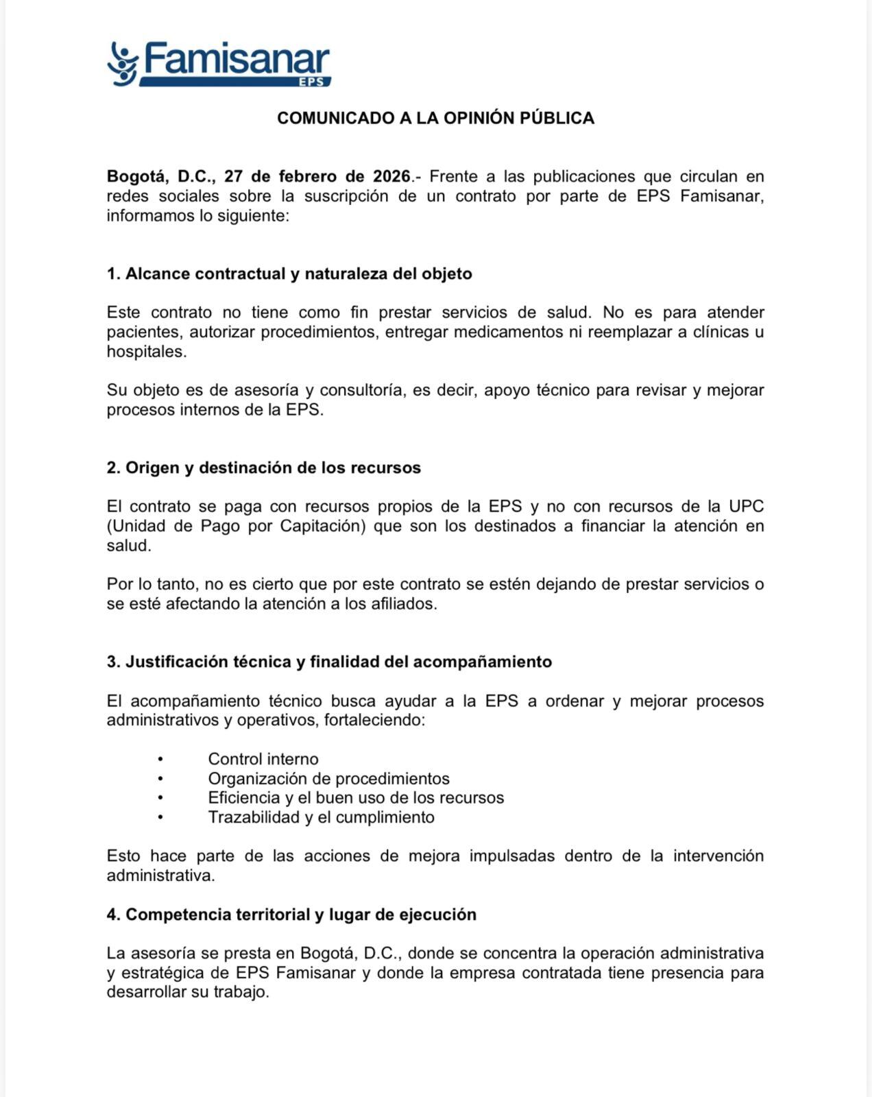 El interventor Germán Darío Gallo señaló que la EPS no se presta a ser objeto de campañas políticas, y afirmó estar abierta al diálogo y la transparencia en sus procesos - crédito Famisanar