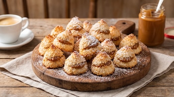 Conitos de coco con dulce de leche y azúcar impalpable en una tabla de madera. Una taza de café y un frasco de dulce de leche con cuchara.