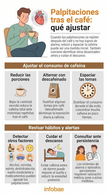 Ilustraciones de un hombre con molestia en el pecho, tazas de café, un reloj y un médico con una paciente, junto a textos informativos.
