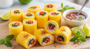 Varios rollos de mango con chile, arroz y hierbas en una tabla de madera, acompañados de un cuenco de salsa, limas en rodajas y ramitas de menta fresca.