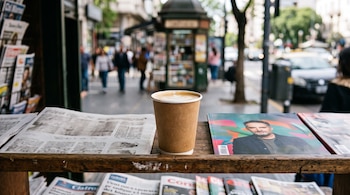 Un vaso de papel con café, diarios y revistas sobre una estantería de madera en una acera con personas caminando al fondo.