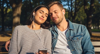 Hombre y mujer sentados en un banco de madera. Ambos usan auriculares blancos con cable y tienen los ojos cerrados. La mujer sujeta un teléfono móvil. Hay árboles al fondo.