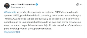 María Claudia Lacouture, presidenta ejecutiva de AmCham Colombia, dijo que el país necesita señales claras para invertir - crédito @McLacouture/X