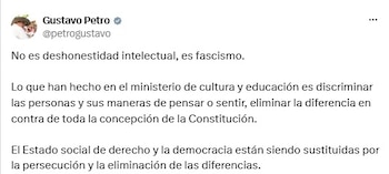 Retiro de obras del Museo Nacional: El expresidente Gustavo Petro cuestionó la medida en una publicación en X, donde la calificó como una vulneración de la libre expresión y de los derechos de quienes representan posturas o identidades distintas - crédito @petrogustavo/X