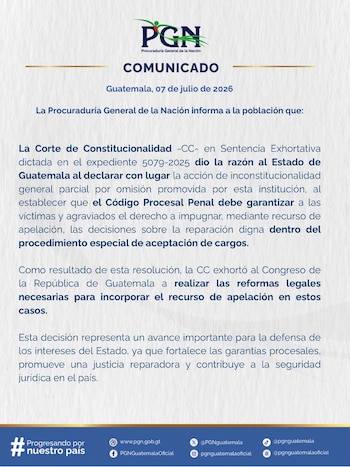 Documento oficial de la Procuraduría General de la Nación de Guatemala con el título "Comunicado" y texto sobre una sentencia judicial