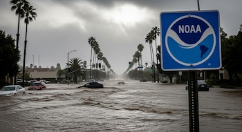 Calle del sur de California completamente anegada, con vehículos parcialmente sumergidos, largas hileras de palmeras y un cartel de la NOAA en primer plano bajo un cielo nublado y oscuro.