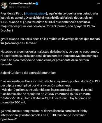 Centro Democrático se despachó en contra de Gustavo Petro - crédito @CeDemocratico