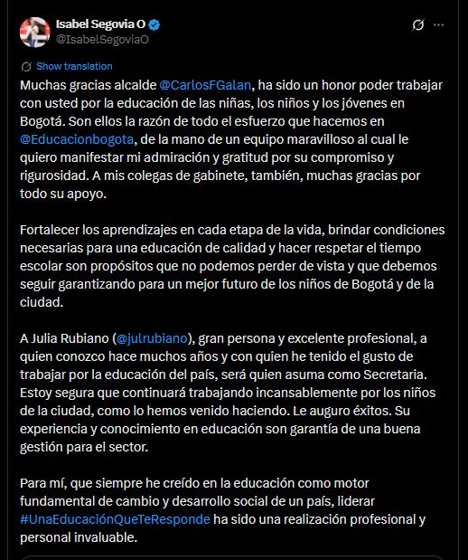 Isabel Segovia mandó un mensaje al alcalde tras su renuncia - crédito @IsabelSegoviaO/X