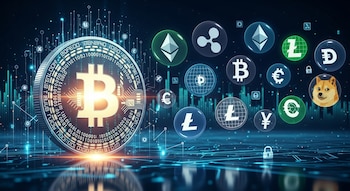 Moneda de Bitcoin brillante y otros logos de criptomonedas como Ethereum y Dogecoin flotando en un fondo digital azul con patrones de circuitos.