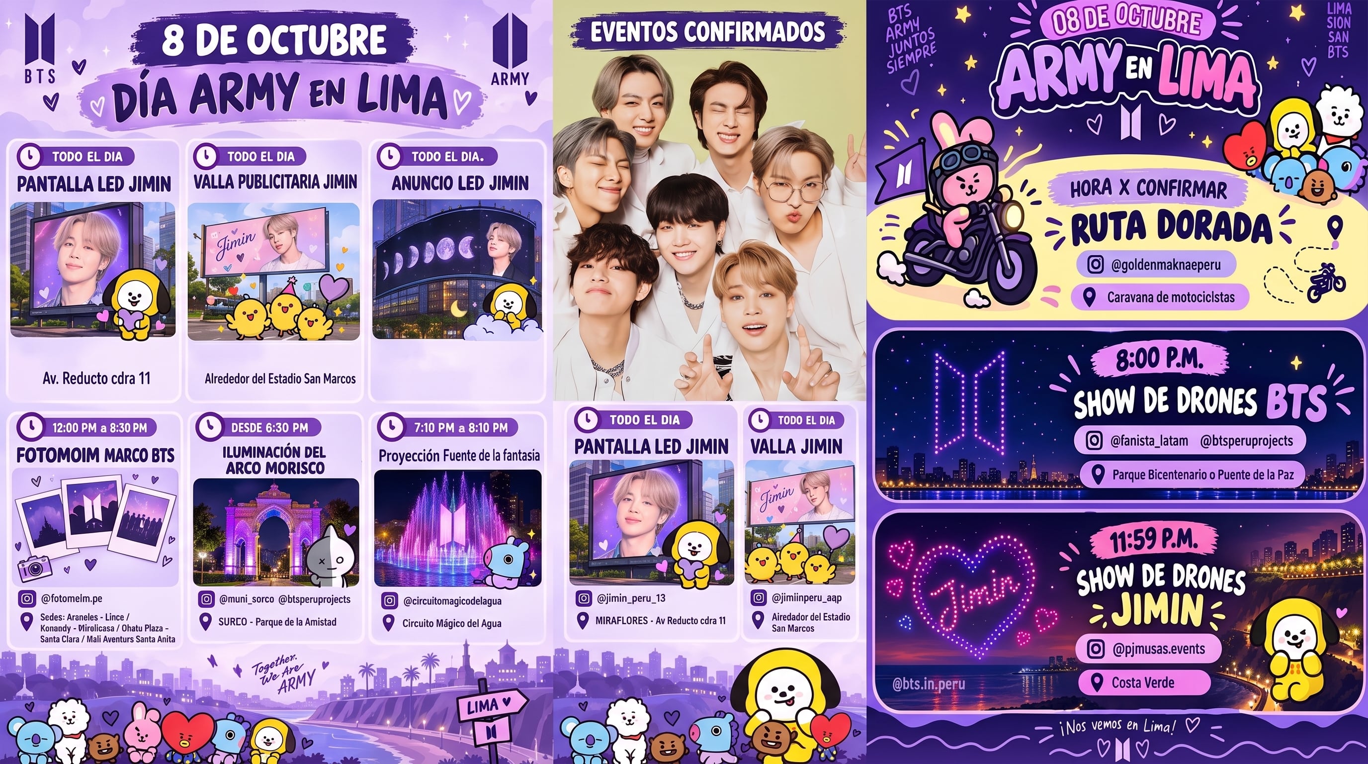 Un afiche informativo detalla los horarios y puntos de Lima donde el colectivo ARMY realizará celebraciones y espectáculos de luces el 8 de octubre por el grupo BTS. (Imagen Ilustrativa Infobae)