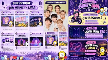 Infografía de color morado con fotos del grupo BTS, personajes animados BT21, mapas, itinerarios de eventos y horarios en Lima.