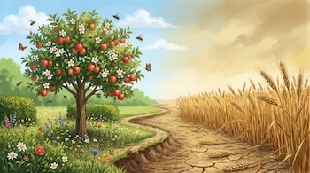 Un manzano con manzanas, flores e insectos a la izquierda, y un campo de trigo seco sobre tierra agrietada a la derecha.