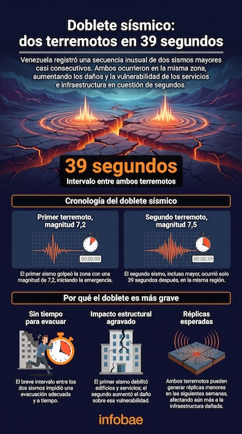 Infografía con título "Doblete sísmico", texto sobre terremotos en Venezuela. Muestra tierra fracturada, gráficos de ondas sísmicas con cronómetros, un hombre evacuando, edificio dañado, y suelo con ondas sísmicas. Logotipo InfoBae.