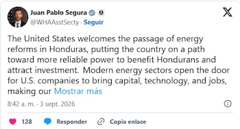 Estados Unidos destacó que empresas estadounidenses podrían participar en proyectos de generación, distribución e infraestructura eléctrica en Honduras.