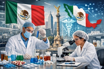 Científicos en laboratorio con material de farmacología, microscopio y tubos de ensayo. Fondo con bandera de México, su mapa y monumentos capitalinos.
