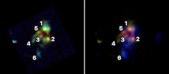 Dos imágenes de una galaxia con nebulosas en tonos azul, verde, amarillo y rojo. Presenta números blancos del uno al seis y un óvalo naranja punteado