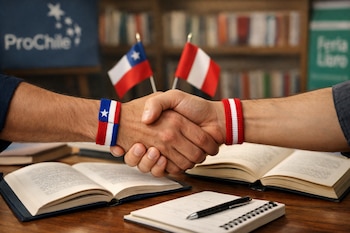Apretón de manos con pulseras de Chile y Perú sobre libros y cuadernos. Fondo con banderas, logo ProChile y letrero Feria del Libro.