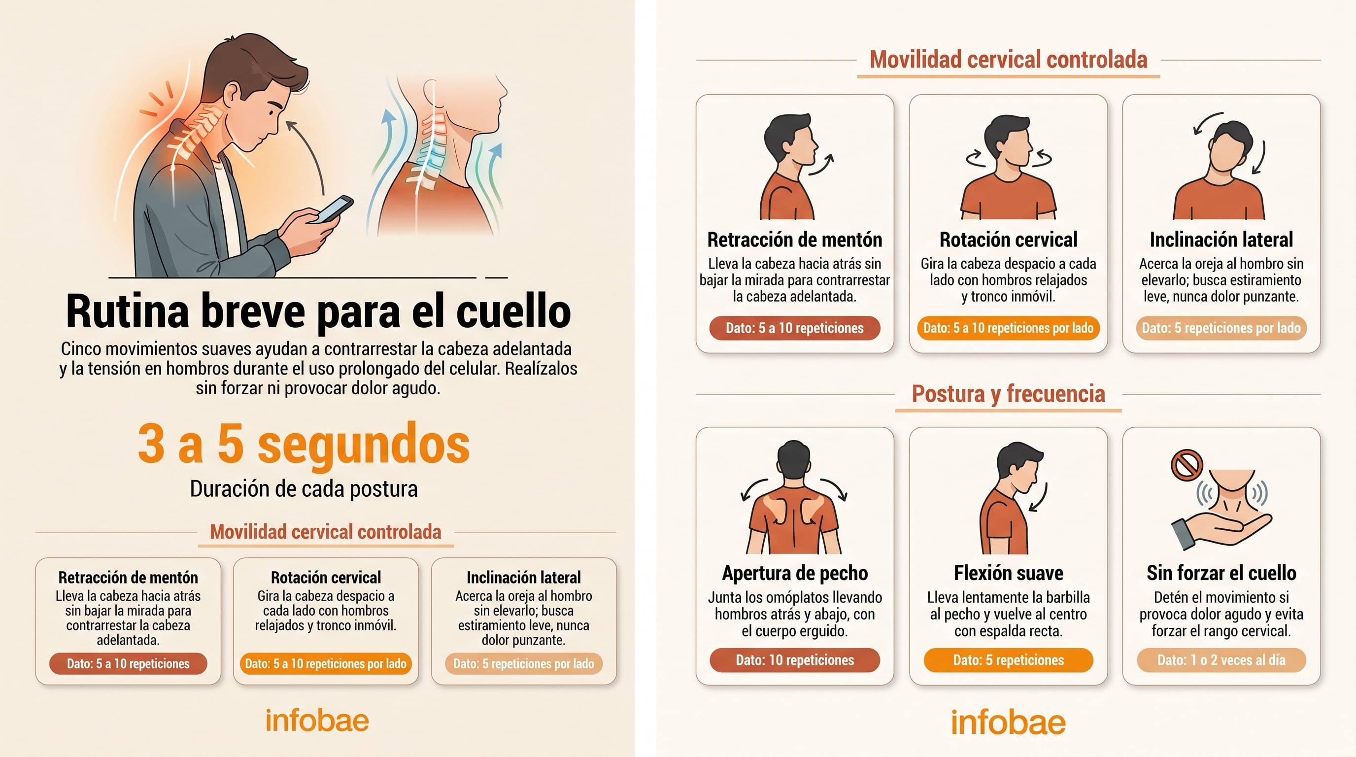 Una infografía de Infobae detalla una rutina de ejercicios de movilidad cervical para aliviar la tensión y contrarrestar la cabeza adelantada por el uso del celular. (Imagen Ilustrativa Infobae)