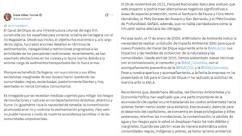 Mensaje de Irene Vélez sobre el levantamiento de la licencia ambiental para la mega obra del Canal del Dique - crédito @IreneVelezT/X