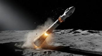 Cohete espacial blanco con sección naranja impactando una superficie gris craterizada. Genera fuego, humo y escombros. Fondo oscuro con estrellas.