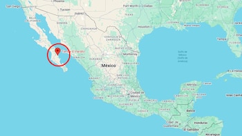 Mapa de México y países vecinos. Un círculo rojo encierra un marcador de ubicación que señala la Tienda El Pardito en Baja California Sur, México