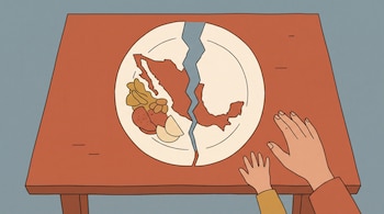 Ilustración de un plato roto con el mapa de México, con alimentos en un lado y el otro vacío, sobre una mesa junto a dos manos.