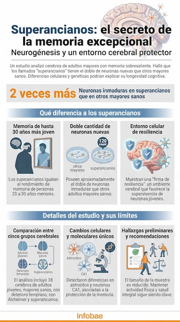 Diagrama del cerebro con neuronas, imágenes de comparación celular en placas de Petri, personas con cerebros, microscopio, balanza y texto sobre neurogénesis.