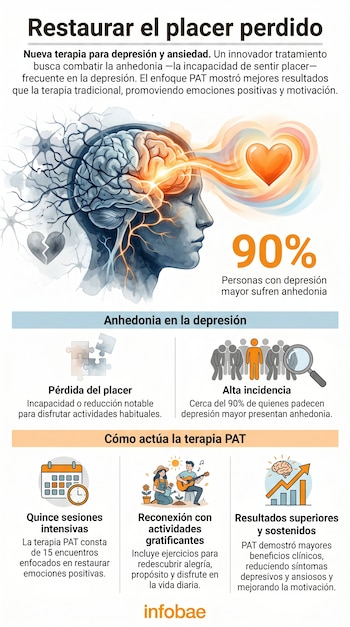 Infografía sobre la terapia PAT para la anhedonia. Muestra un perfil de cabeza humana con un cerebro conectado a un corazón brillante, e iconos explicativos.