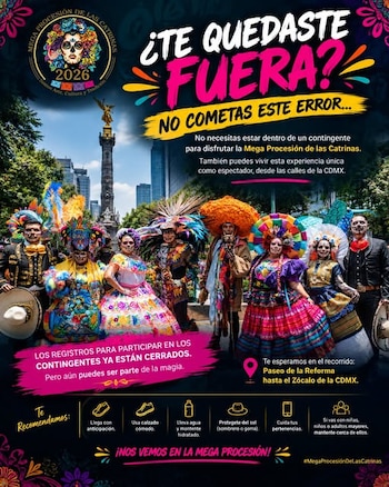 Cartel con personas vestidas de catrinas ante el monumento del Ángel de la Independencia y textos con recomendaciones para espectadores