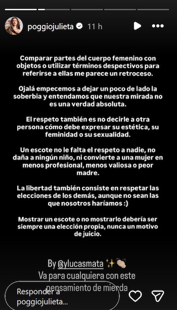 Captura de pantalla de historia de Instagram con fondo negro y texto blanco sobre respeto al cuerpo femenino y libertad de vestimenta, publicada por poggiojulieta