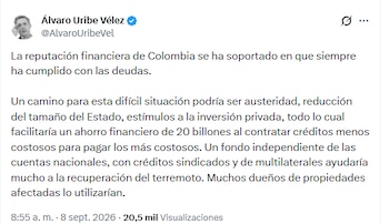 En medio de la discusión sobre el Presupuesto General de la Nación 2027, el exjefe de Estado sugirió reducción del tamaño del Estado, estímulos a la inversión privada, lo que facilitaría un ahorro financiero de $20 billones - crédito @AlvaroUribeVel/X