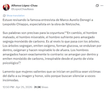Captura de pantalla de un tuit en Twitter del usuario Alfonso López-Chau, con su foto de perfil y un mensaje de texto en español