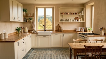 Cocina con gabinetes color crema, encimeras de madera, lavabo, ventana con vista a un paisaje, estantes, mesa y cuatro sillas de madera, suelo de azulejos.