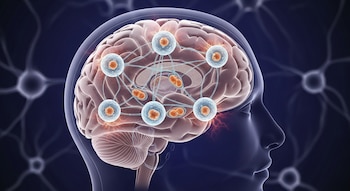Imagen 3D de una cabeza humana en corte sagital revelando el cerebro. Se observan neuronas con gotas lipídicas y rutas energéticas en un fondo oscuro de redes neuronales.