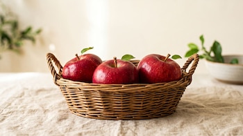 Tres manzanas rojas con pequeñas hojas verdes dentro de una cesta de mimbre sobre un mantel claro