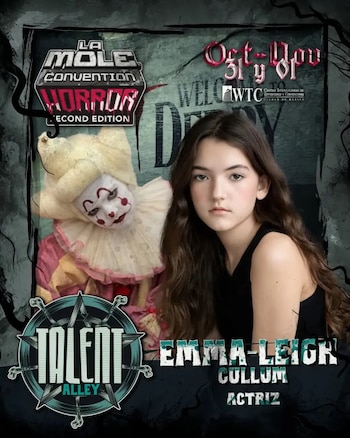 Cartel promocional con el rostro de la actriz Emma-Leigh Cullum, una figura de payaso y logotipos del evento La Mole Convention Horror