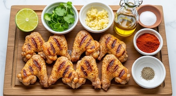 Vista aérea de ocho alitas de pollo a la parrilla en una tabla de madera con cuencos de cilantro, ajo picado, aceite, sal, pimentón, pimienta y media lima.