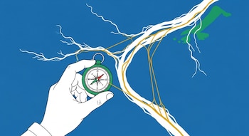 Ilustración de una mano blanca sosteniendo una brújula verde sobre una superficie azul. Se observa la silueta de un delta con líneas doradas y ramificaciones blancas.