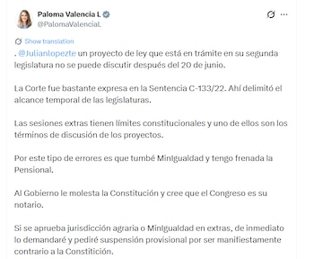 Valencia calificó como ilegal cualquier intento de continuar el trámite de estos proyectos después del 20 de junio - crédito @PalomaValenciaL/X
