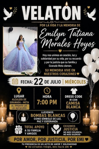 El miércoles 22 de julio de 2026 se convocó una velatón para honrar la memoria de Emilyn Tatiana frente a la Alcaldía municipal de Granada, Meta - crédito LENTE Ciudadano 247 / Facebook
