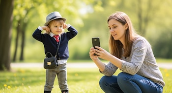 Una madre, agachada, sostiene un smartphone negro apuntando a su hija. La niña, con sombrero gris, corbata roja y bolso, posa en un parque.
