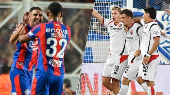 Composición dividida con futbolistas de San Lorenzo con camiseta azul y roja a la izquierda y jugadores de Newell's de blanco a la derecha