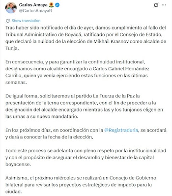 Amaya designó de inmediato a Carlos Gabriel Hernández Carrillo como alcalde encargado, asegurando así la continuidad administrativa local - crédito @CarlosAmayaR/X