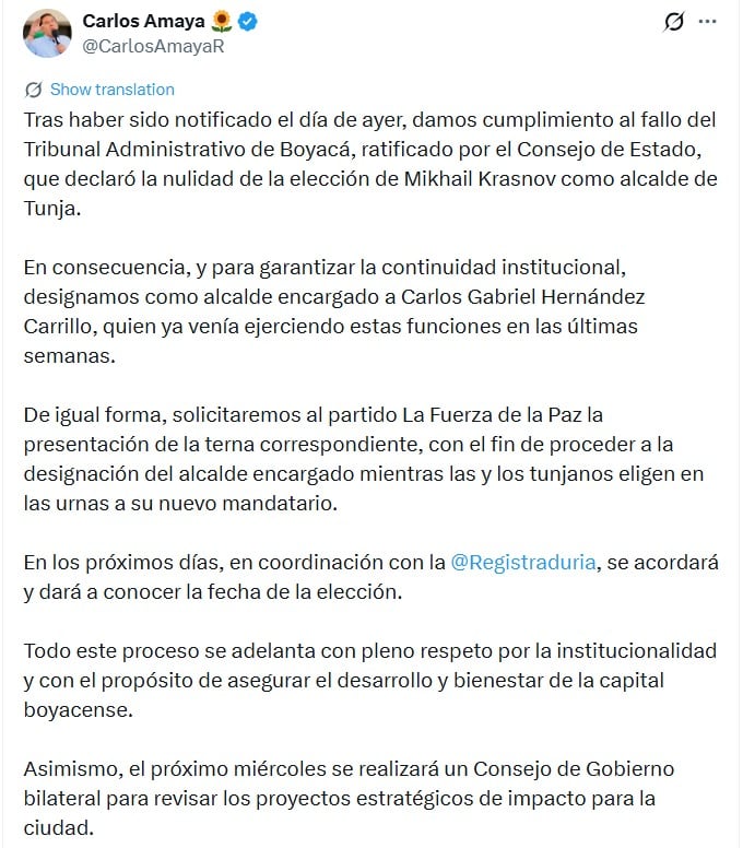 Amaya designó de inmediato a Carlos Gabriel Hernández Carrillo como alcalde encargado, asegurando así la continuidad administrativa local - crédito @CarlosAmayaR/X