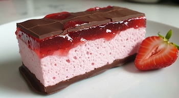 Primer plano de una barra rectangular de malvavisco rosa, cubierta con jalea de fresa brillante y chocolate oscuro, acompañada por media fresa roja fresca.